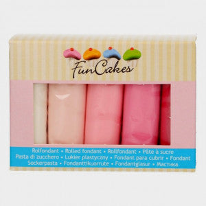 5 Colori. Rosa pastello, Rosa baby, Rosa fucsia, Rosa tenue e Bianco brillante. Pasta di zucchero. Senza Glutine