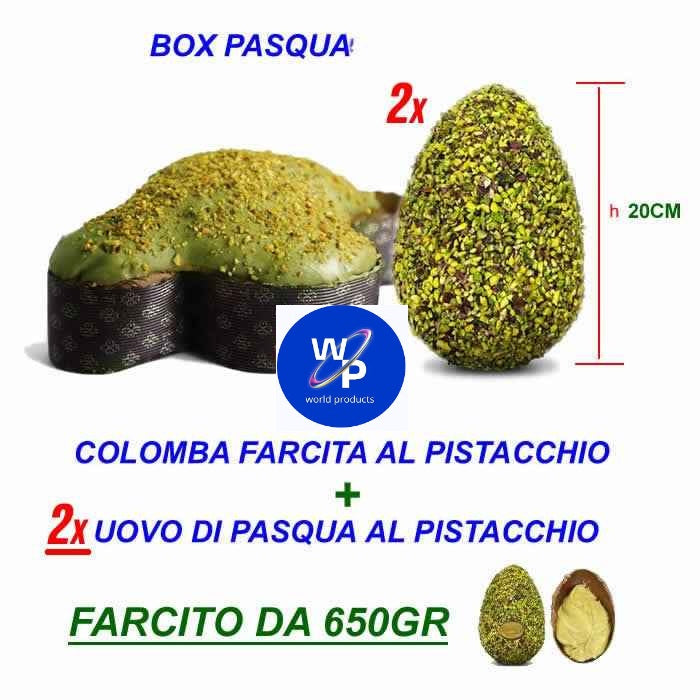Box DOPPIO Pasquale Colomba al pistacchio da oltre 1,2kg + 2x Uova di Pasqua FARCITE da 650gr ( 1 latte + 1 fondente )