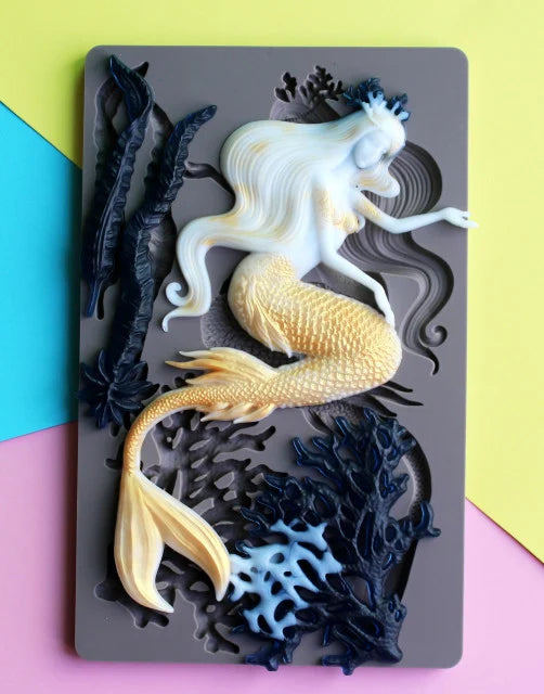 Grande Sirena di 18 cm tra il Corallo. Mare. Mermaid Seaweed Silicone Mold Kitchen. Stampo silicone