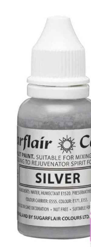 Argento. Vernice a Gocce. Per Panna Creme Burro e Pasta di Zucchero. 14 ml. Sugarflair