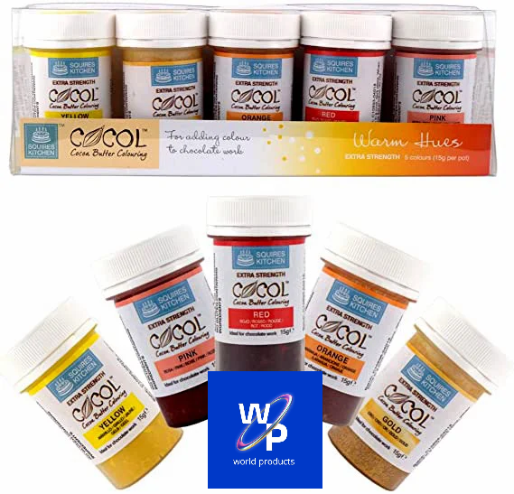 5 Coloranti per Cioccolato al Burro di Cacao. Giallo, Arancione, Rosso, Rosa e Oro. Cocol. Squires Kitchen
