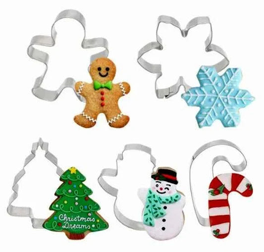 Set 5 Tagliapasta Natale. Gingerbread, Albero Pupazzo e Fiocco di neve e Regalo.
