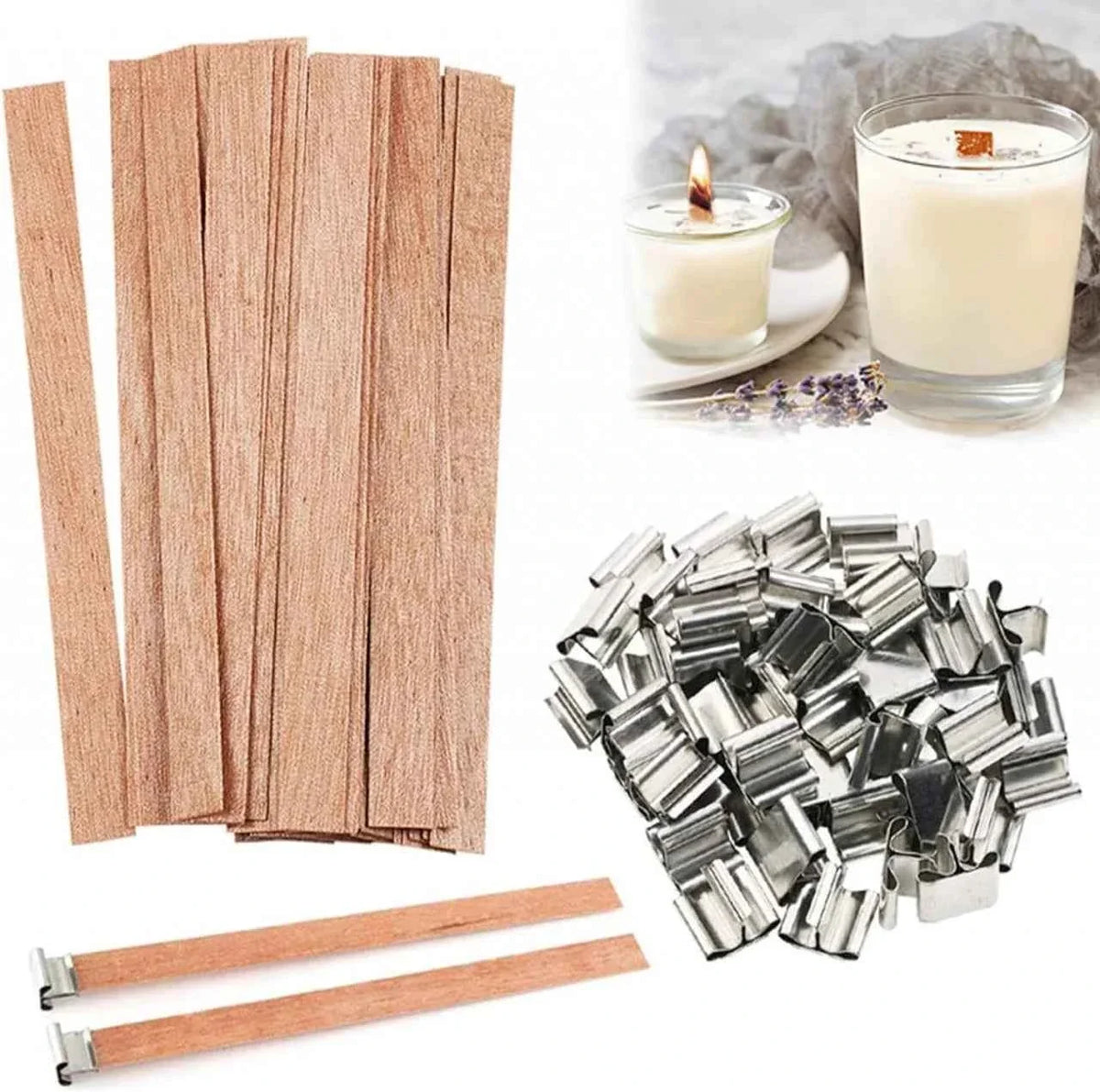 10 Stoppini in legno 13 cm con 10 supporti in metallo per Candele
