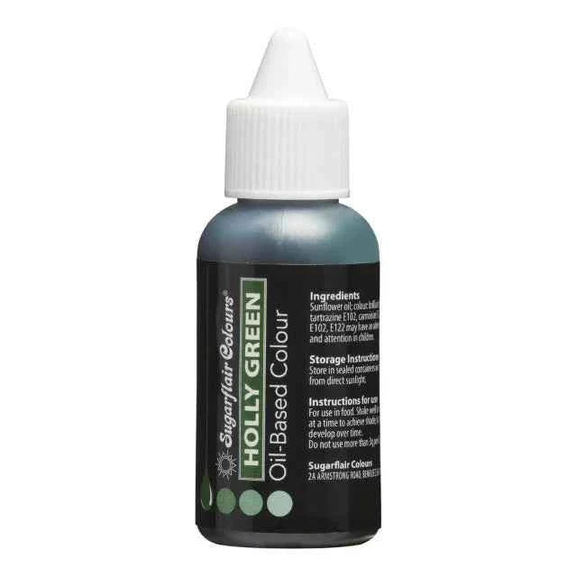 Verde Agrifoglio. HOLLY GREEN. Colorante a base Olio per Cioccolato, Crema al burro, Pasta di Zucchero e Panna. 30 ml. Sugarflair