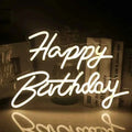 Happy Birthday. Insegna Scritta Neon Bianca e Calda. Presa USB