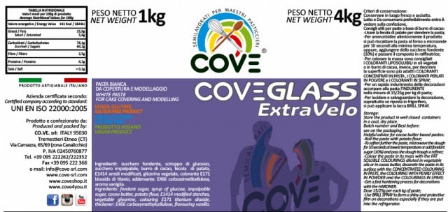 4 Kg. Pasta di zucchero Bianca Cove Glass Extra Velo. Alta percentuale di Burro di Cacao