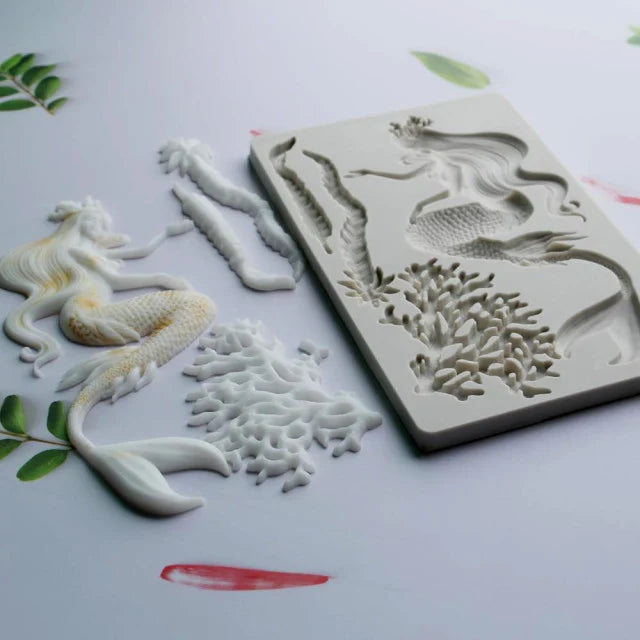 Grande Sirena di 18 cm tra il Corallo. Mare. Mermaid Seaweed Silicone Mold Kitchen. Stampo silicone