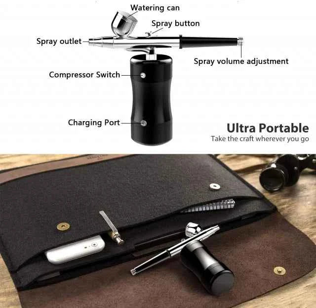 Nero. Aerografo con ricarica USB. Il primo Portatile con Compressore e Batteria integrata!!