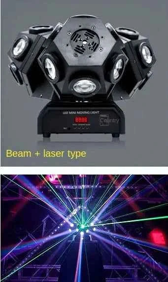 Faro Professional LED Stroboscopico con Laser, anche posizionabile su tavolo. Doppia testa mobile rotante con effetto DISCO a 3 Teste 4 in 1 RGB-W RGB. In zona Roma anche a noleggio